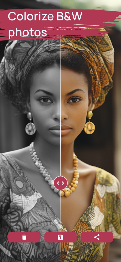 FixMyPics - Restore Old Photos - 白黒の女性のポートレートがカラー化された写真に変換された分割画面