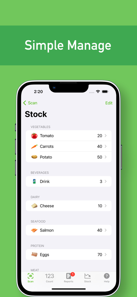 ChefStock 앱 화면에 채소, 유제품, 단백질 등 카테고리별로 정리된 음식 재고와 현재 재고 수량이 표시됨
