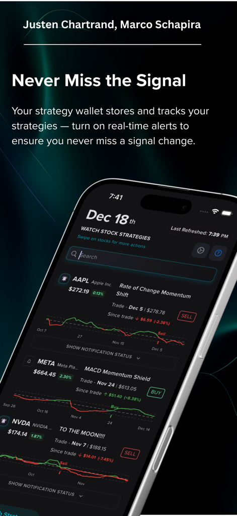 Stratify - Backtesting Wallet - Stratify app interface showing real-time trading strategy signals and stock alerts.