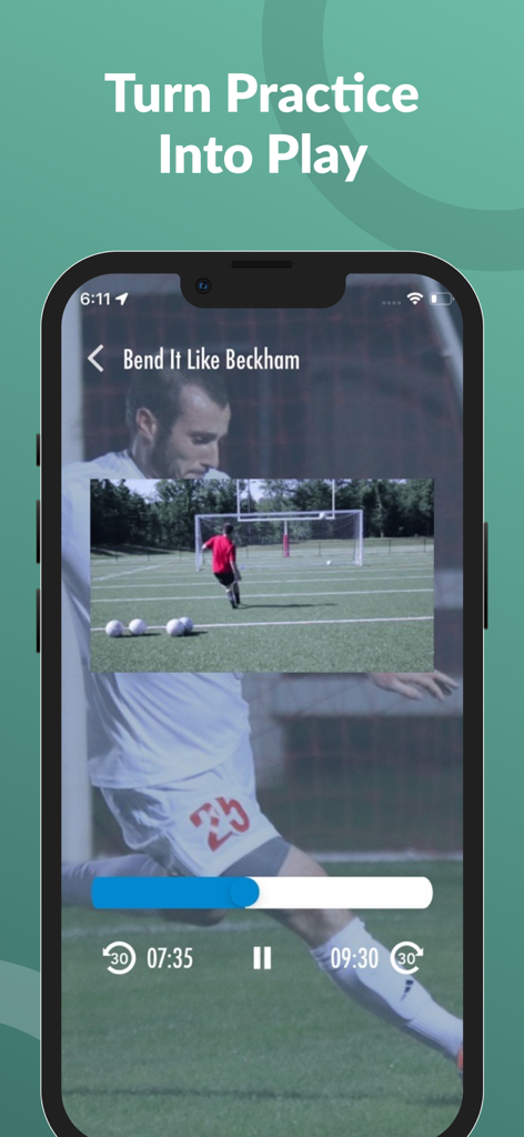 Soccer app screen with a video tutorial of a player practicing a shooting drill on a field.