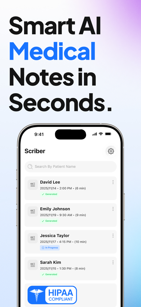 AI Medical Scribe app interface displaying a list of patient notes and HIPAA compliance badge