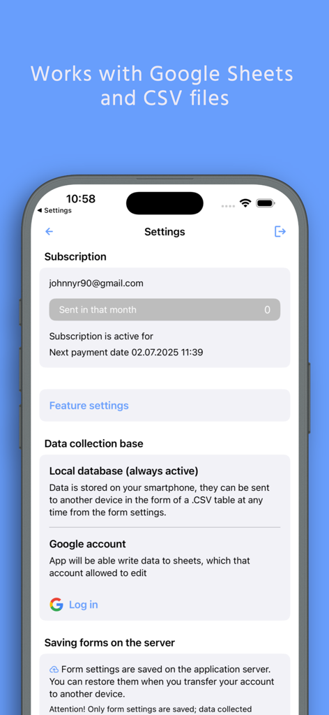 Settings screen of the Spreadsheet data entry app showing options to connect a Google account and manage data collection bases.