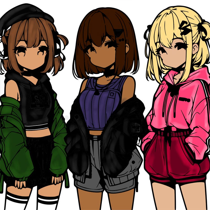 anime girls in streetwear outfits