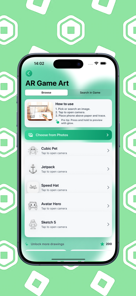 Robux Games For Roblox - AR Game Art interface showing drawing instructions and character selection for tracing