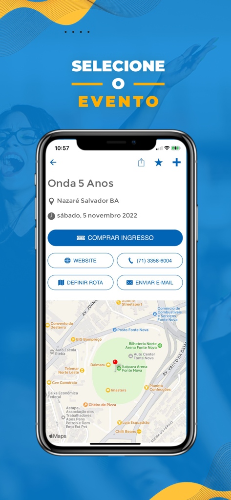 Event-Detailbildschirm der Ticket Maker App mit Standortkarte und Ticket-Kauf-Button