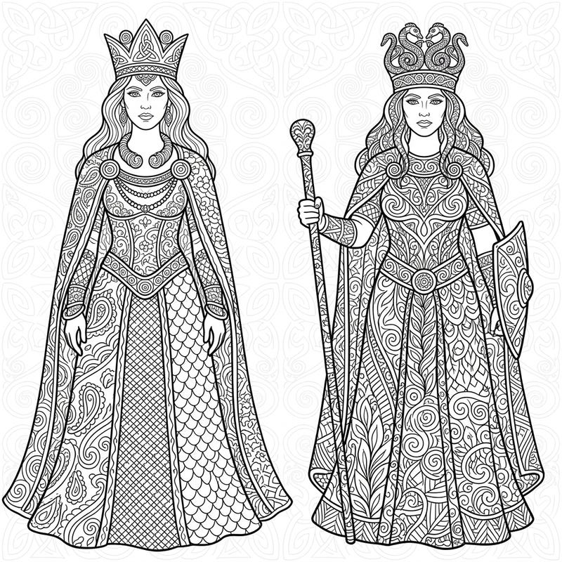 Step into a world of ancient power and intricate design with our Celtic Queens Zentangle coloring page. These magnificent royal figures, adorned in complex patterns, offer a unique and relaxing coloring experience.