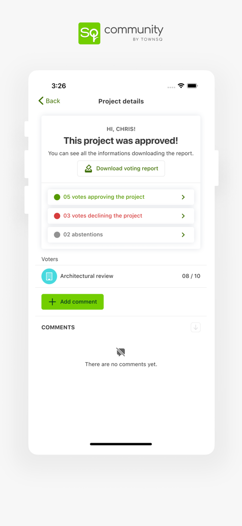 TownSq Community - Interface of TownSq Community app displaying architectural review project approval with voting results breakdown.