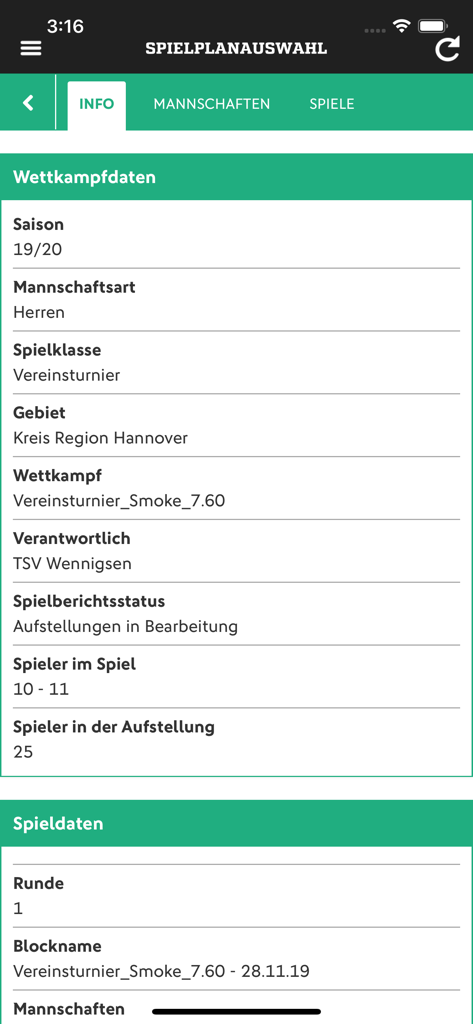 Screenshot der DFBnet-App, die Wettbewerbsdaten und Spieldetails für das Fußballligamanagement anzeigt.