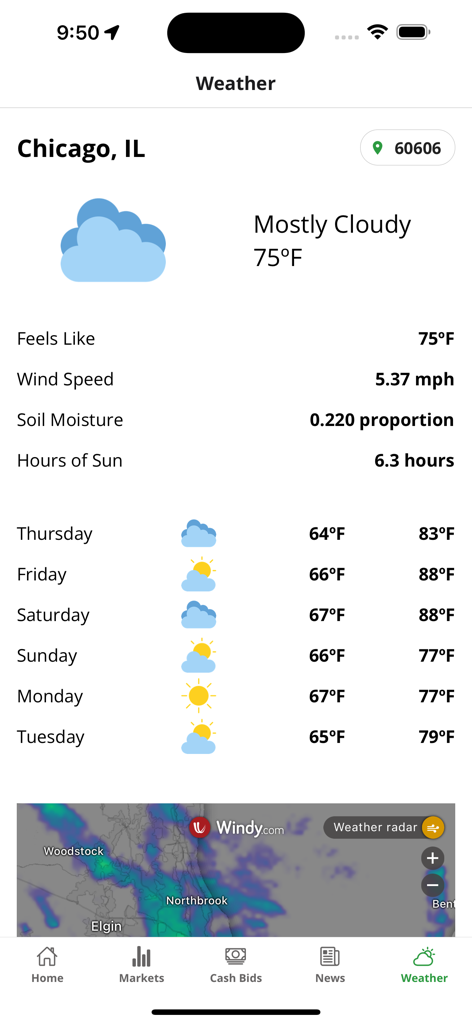 AgMobile - AgMobile weather screen displaying local forecast soil moisture and radar data
