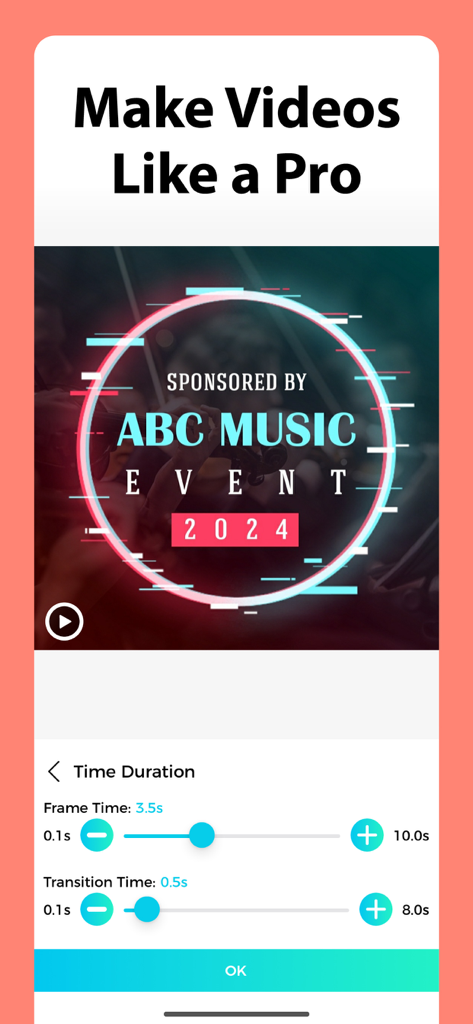App screen showing a music event video template with time duration and transition editing tools.