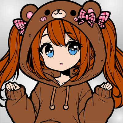 cute anime girl with ponytails and a cute bear hoodie