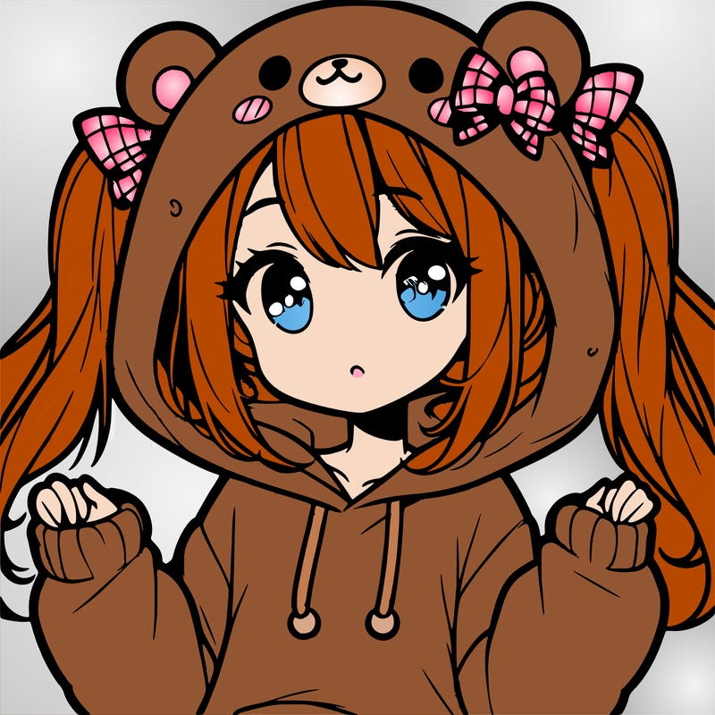 cute anime girl with ponytails and a cute bear hoodie