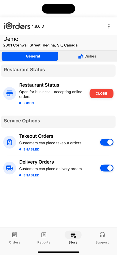 iOrders Restaurant Admin - Dashboard of iOrders Restaurant Admin app showing restaurant status as open and toggles for takeout and delivery services.