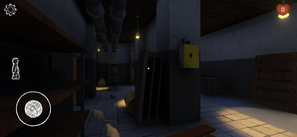 Vista en primera persona de un sótano oscuro con ratas y una caja de fusibles amarilla en el juego de terror Cat Fred Evil Pet