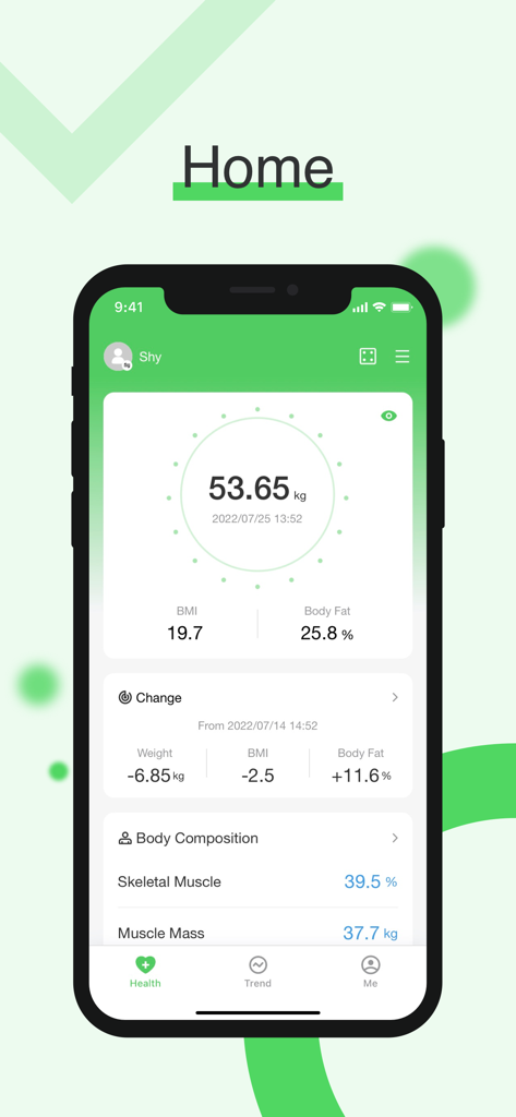 Arboleaf app home screen showing body weight and composition metrics
