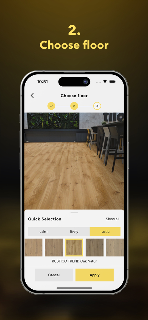 tilo フローリングレイヤーアプリのインターフェース。ラスティックオークの床材プレビューが表示された部屋