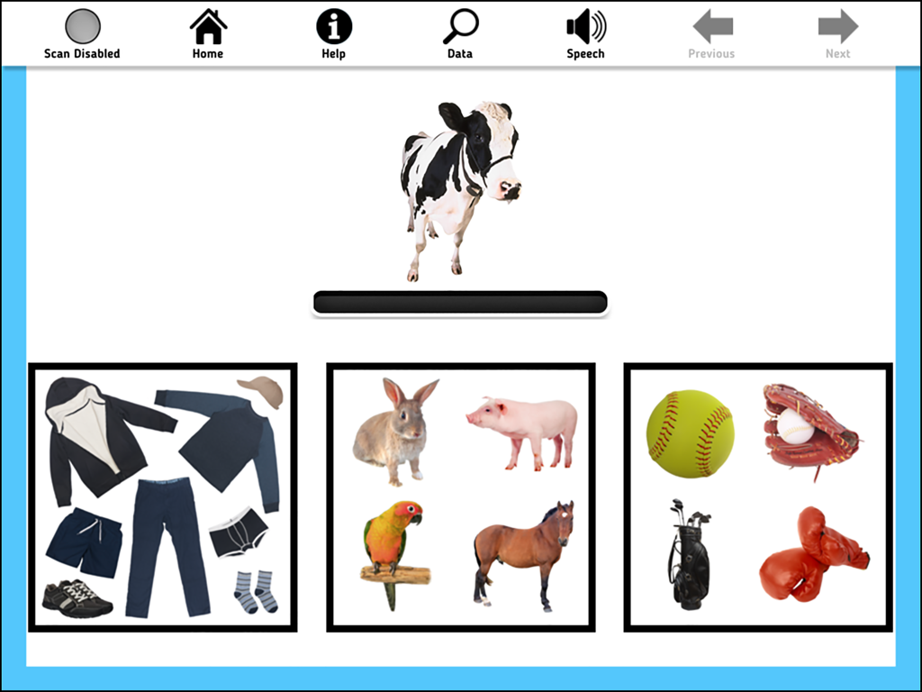 AAC Evaluation Genie - AAC Evaluation Genie subtest interface showing a cow image above three categories of items including clothing, animals, and sports equipment