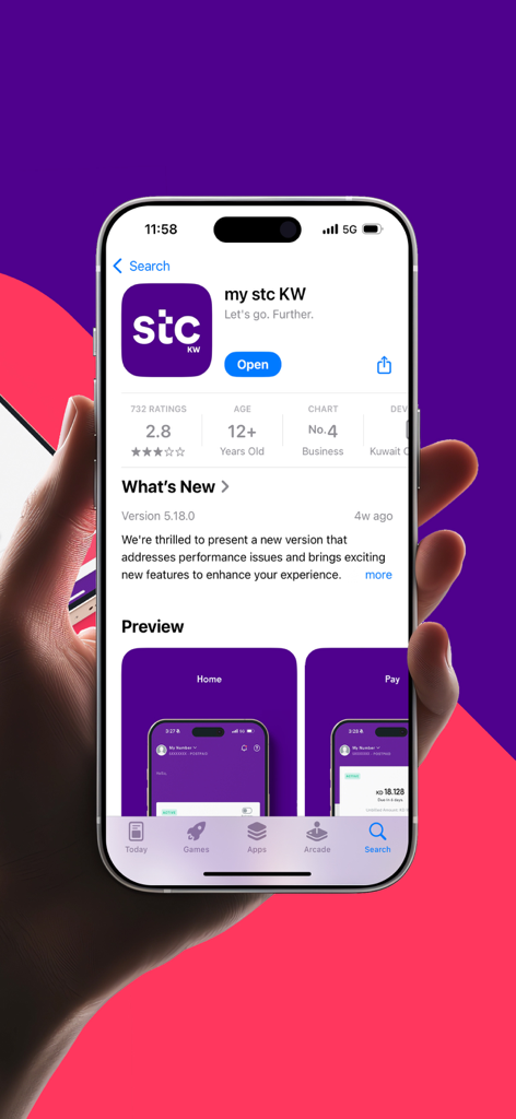 my stc KW - A person holding an iPhone displaying the my stc KW app page on the App Store