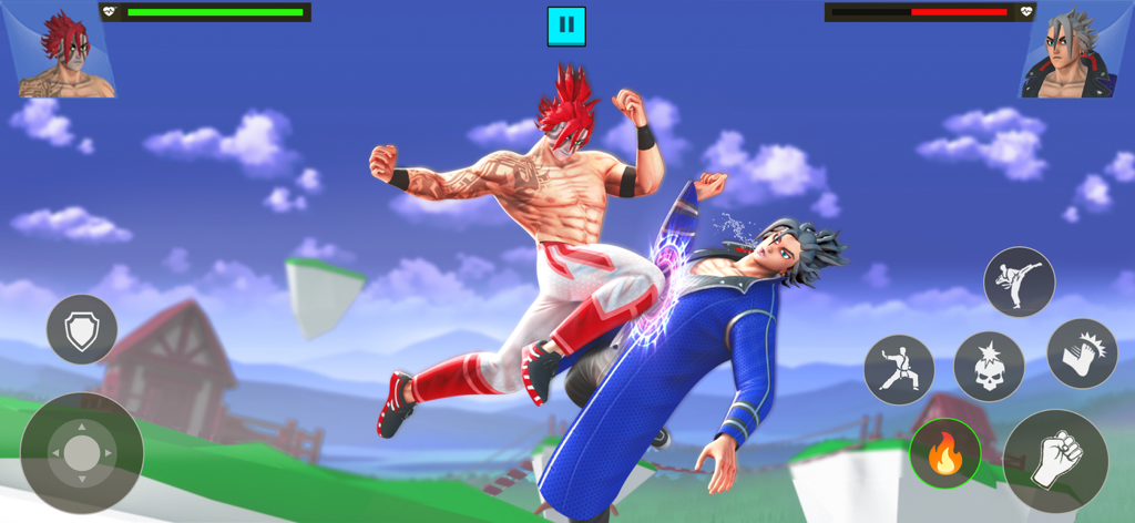 Karate Kings : Anime Fighting - Two 3D anime characters engaged in a martial arts battle with super power effects in Karate Kings.