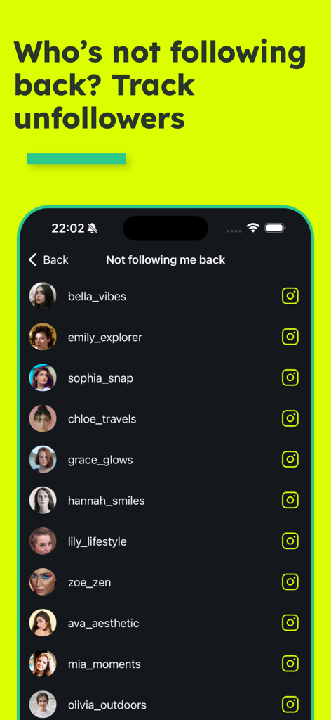 FollowerSpy Unfollower Tracker - FollowerSpy app interface showing a list of Instagram profiles that do not follow the user back.