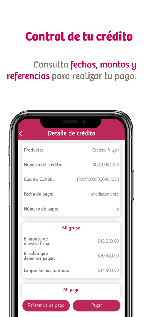 Pantalla de la aplicación Compartamos Móvil mostrando detalles de préstamos grupales y botones de pago
