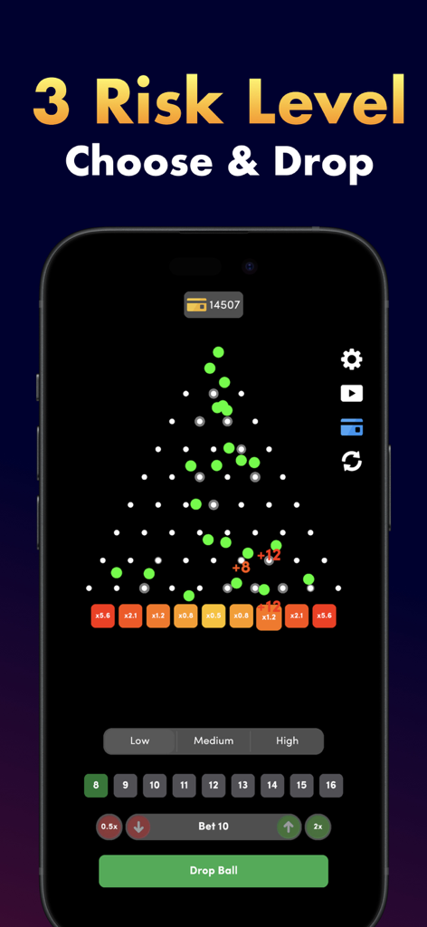Interfaz de Plinko Pyramid Drop que muestra la configuración de nivel de riesgo y el tablero de juego de neón