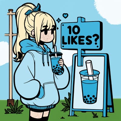 girl with oversized hoodie drinking boba and she has a high ponytail with a sign that says 10likes?