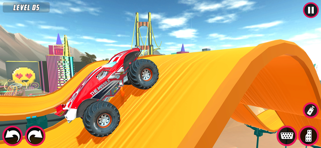 Monster Truck Stunts Car Games - A red monster truck performing stunts on a bright orange mega ramp with a bridge and city skyline background.
