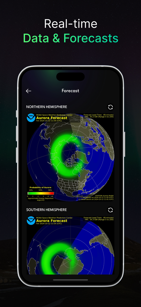 Aurora Alerts & Forecast - Smartphone screen displaying real-time aurora forecast maps for the northern and southern hemispheres.