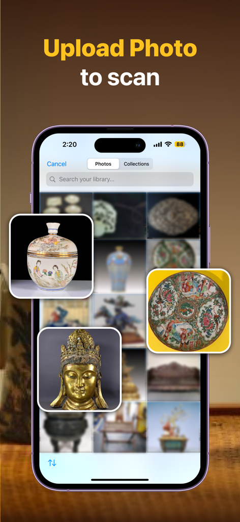 Antique Identifier By Picture. - A mobile app interface showing a photo gallery of antique items with the text Upload Photo to scan.
