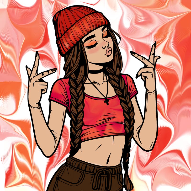 realistic teenage girl with braids and a beanie and crop top doing 🫶🏼