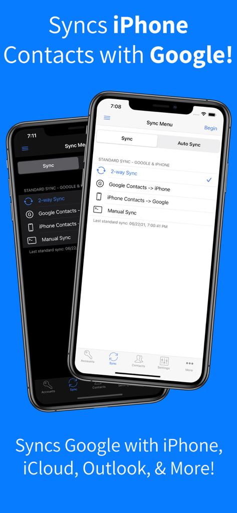 Contacts Sync Pro app interface for syncing iPhone contacts with Google