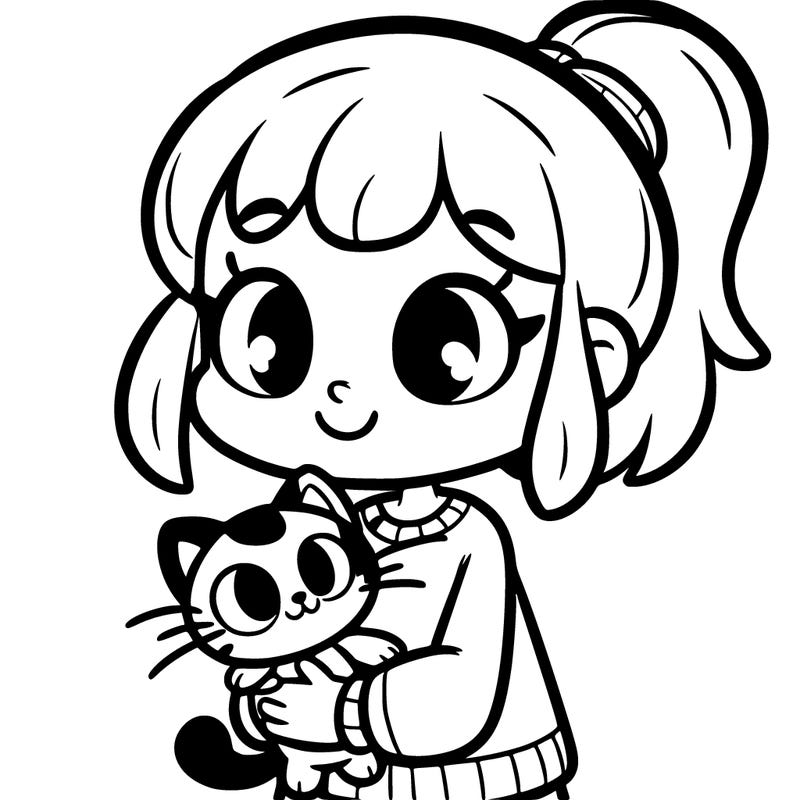 cartoonish girl holding a cat