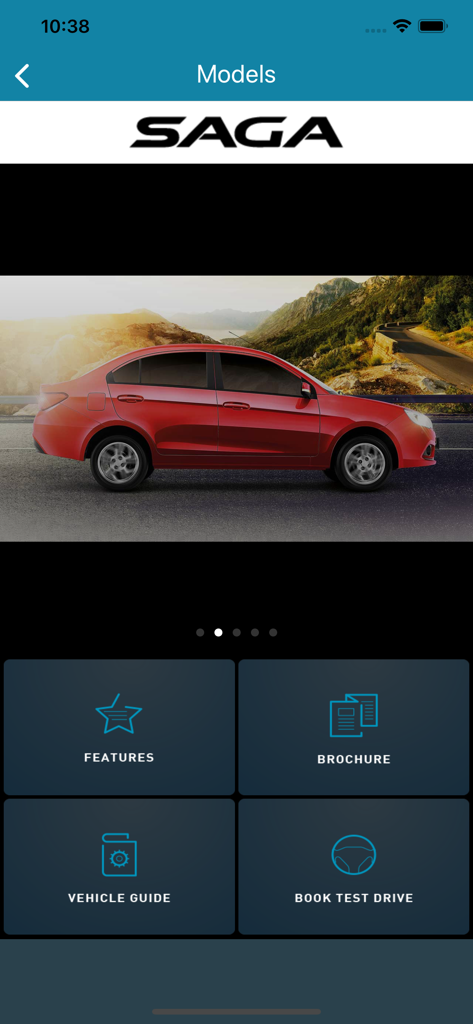 MyProton Official - Screenshot of the MyProton Official app displaying the Proton Saga car model with options for features brochure and test drive booking