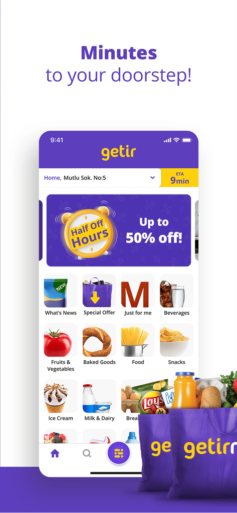 getir: groceries, food&beyond - 様々な食料品カテゴリと9分配達時間見積もりを表示するGetirモバイルアプリのホーム画面