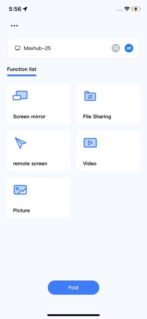 Interface of the MAXHUB Share app displaying functions like screen mirror and file sharing