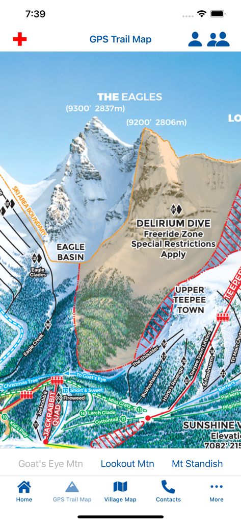 Carte interactive GPS des pistes de la station de ski Sunshine Village Banff sur une application mobile.