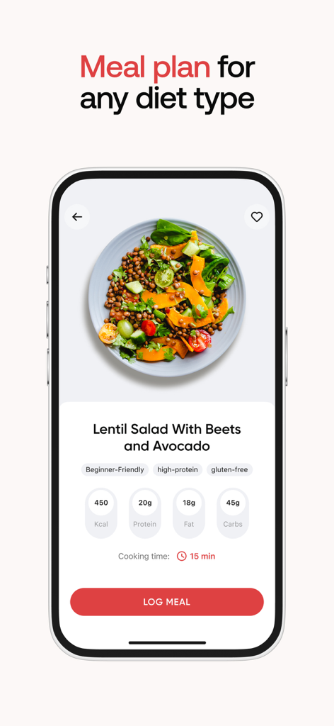BetterMe app interface showing a healthy lentil salad recipe with nutritional info and calorie tracking
