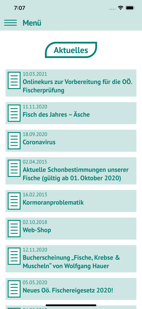 Fische OÖ - Schonbestimmungen - The news and updates screen of the Fische OÖ app showing articles on fishing regulations and exam preparation.