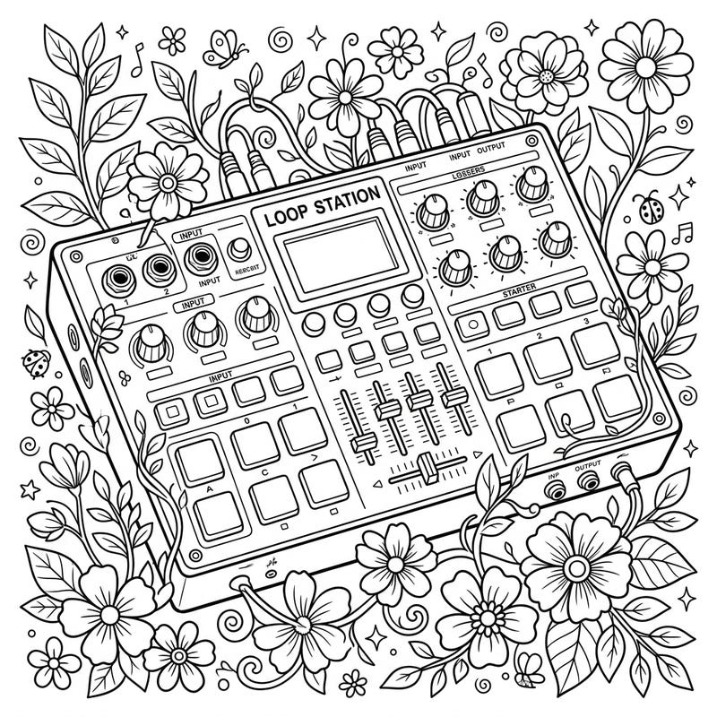 Unleash your creativity with this unique coloring page featuring an electronic loop station adorned with beautiful spring elements. Perfect for music lovers and nature enthusiasts alike, it offers a harmonious blend of technology and blooming beauty.