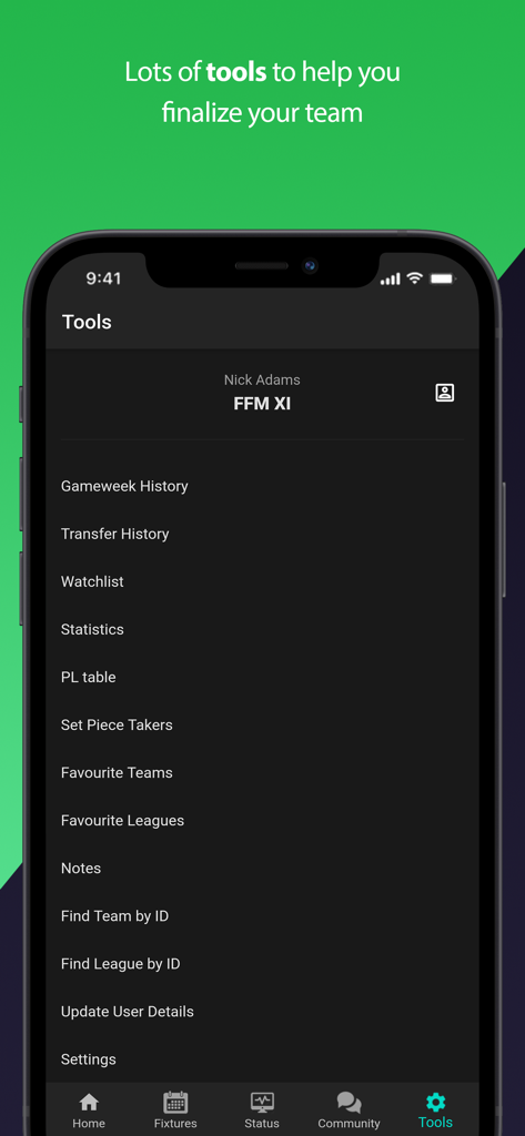 (FPL) Fantasy Football Manager - Menu de ferramentas no aplicativo Fantasy Football Manager mostrando recursos como estatísticas e gerenciamento de equipe