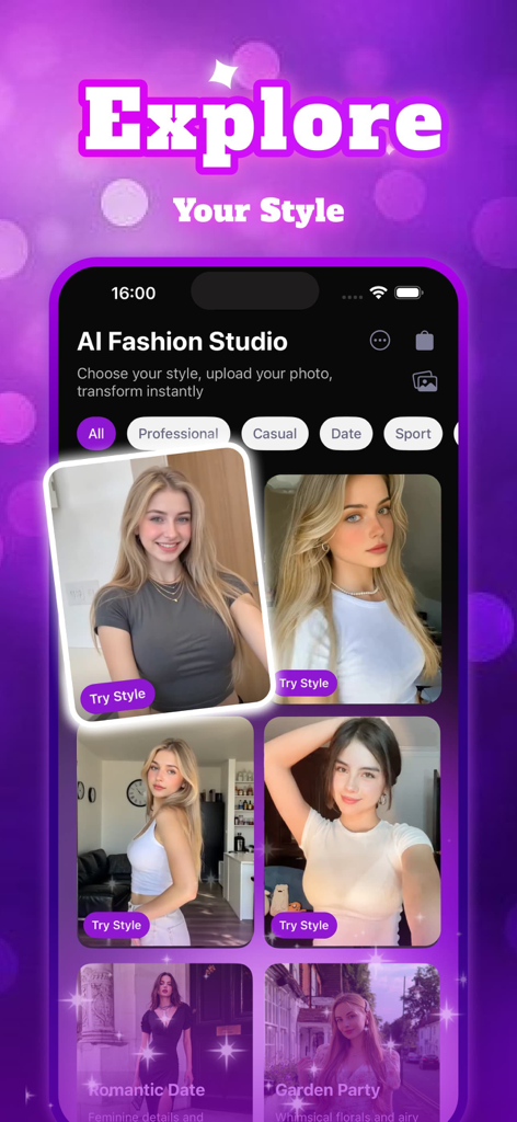 Hunee app AI fashion studio interface showing virtual outfit try on options