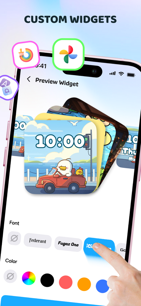 Customizing an aesthetic clock widget with a cute character and font options.