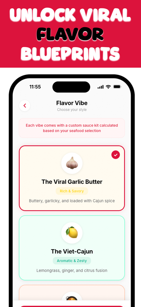 Boil Buddy: Seafood Calculator - Pantalla de la aplicación Boil Buddy mostrando la selección de sabores para "seafood boils", incluyendo opciones virales como Mantequilla de Ajo y Viet-Cajun.
