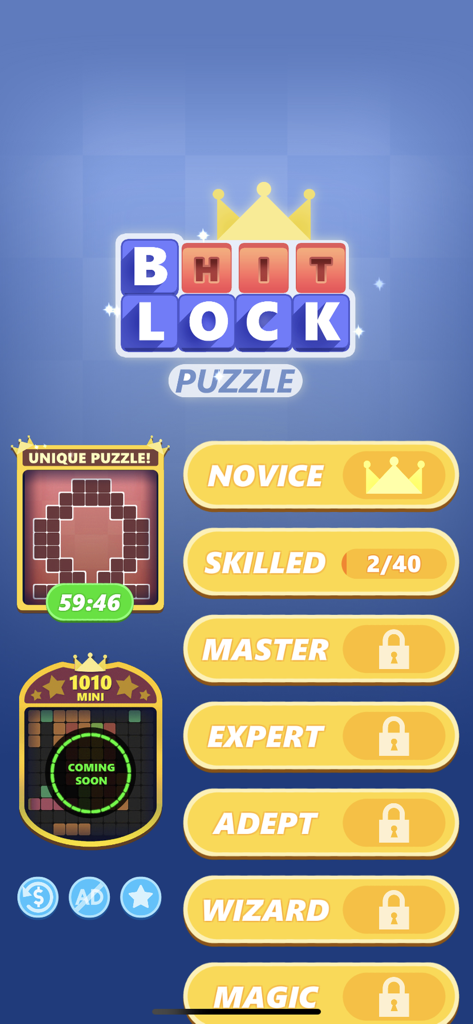 Block Hit - Puzzle Game - Main menu of Block Hit Puzzle showing difficulty stages