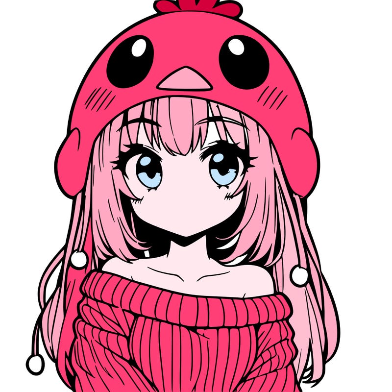 anime girl with chick shaped hat with sweater with bare shoulders with bangs covering them one eye with low tail