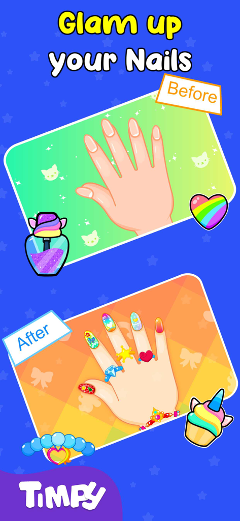 Nail Art Salon Games For Girls - Uma comparação lado a lado mostrando uma mão simples transformada com arte de unhas colorida, anéis decorativos e joias.