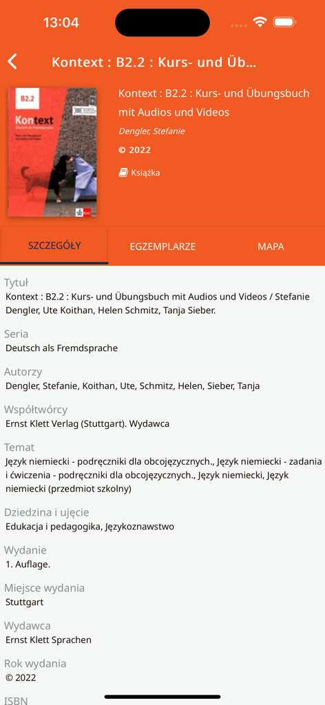 CINiBA Katowice - Uno screenshot dell'app CINiBA Katowice che mostra informazioni bibliografiche dettagliate per un libro