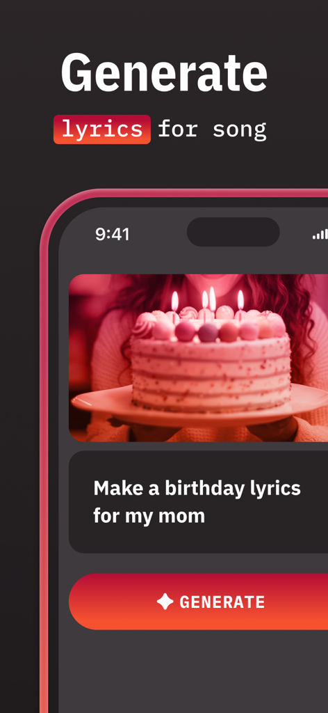 AI Music creator & Song writer - A screen of the AWEN app showing a prompt to generate birthday song lyrics for a mom with a picture of a birthday cake.