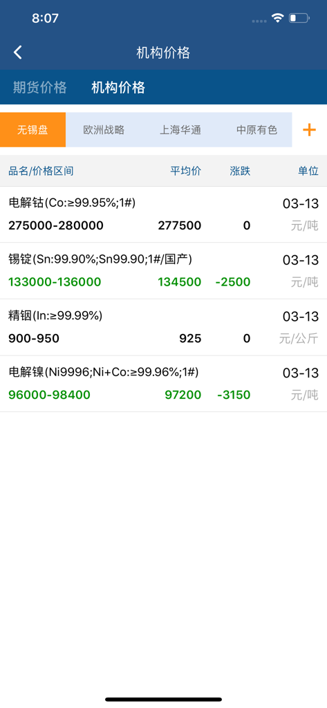 Interfaccia dell'app mobile CBC Metals che mostra prezzi istituzionali in tempo reale e dati di mercato per vari metalli come cobalto e nichel